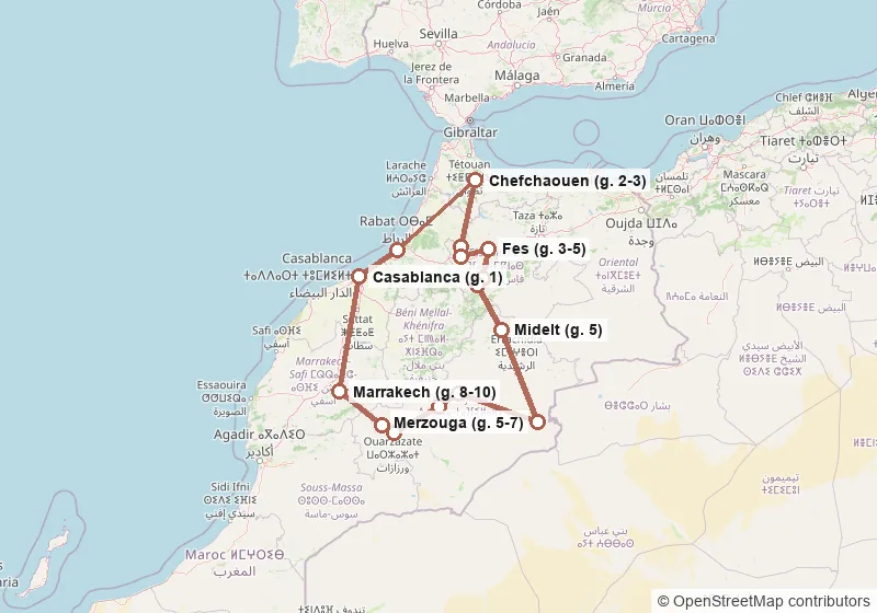 Mappa del percorso: Casablanca, Rabat, Chefchaouen, Volubilis, Meknes, Fes, Ifrane, Azrou, Midelt, Merzouga, Gole del Todra, Valle del Dades, Ouarzazate, Ait Ben Haddou, Marrakech, Casablanca.