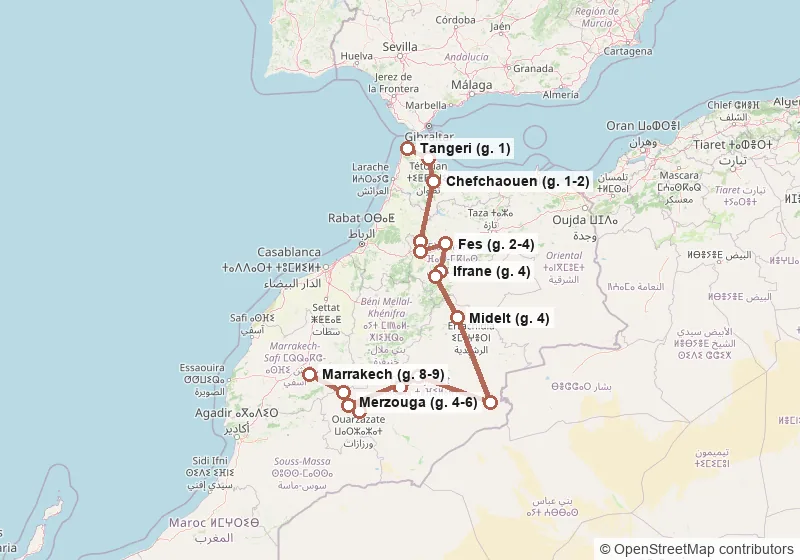 Mappa del percorso: Tangeri, Tetouan, Chefchaouen, Volubilis, Meknes, Fes, Ifrane, Azrou, Midelt, Merzouga, Gole del Todra, Valle del Dades, Gole del Todra, Ait Ben Haddou, Ouarzazate, Ait Ben Haddou, Telouet, Marrakech.