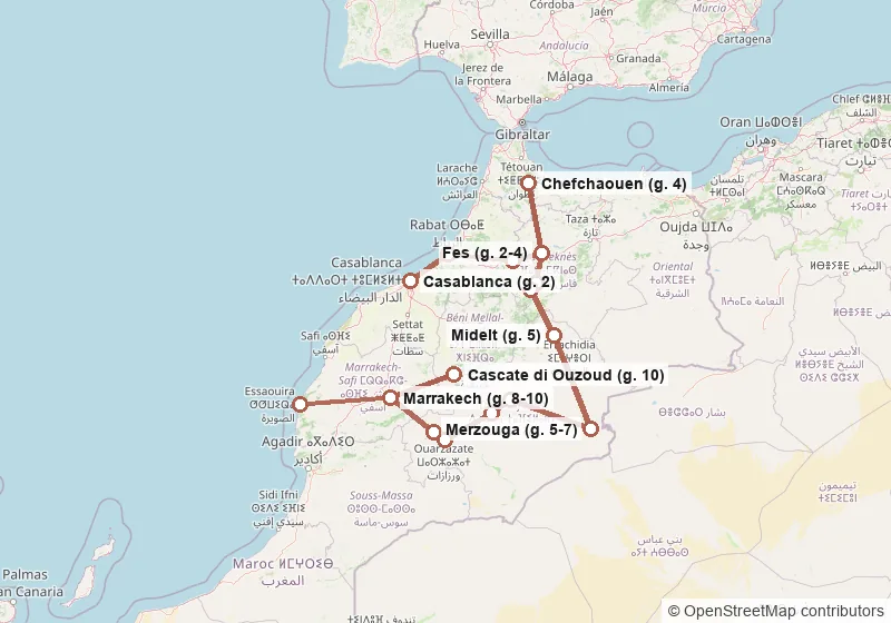 Mappa del percorso: Casablanca, Rabat, Meknes, Fes, Chefchaouen, Fes, Ifrane, Azrou, Midelt, Merzouga, Gole del Todra, Valle del Dades, Ouarzazate, Ait Ben Haddou, Marrakech, Cascate di Ouzoud, Marrakech, Essaouira.