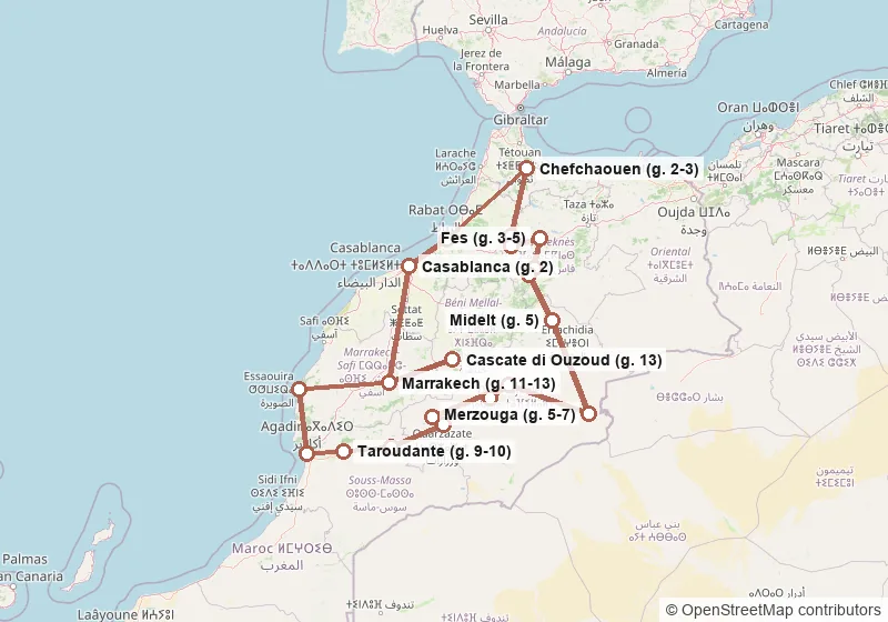 Mappa del percorso: Casablanca, Rabat, Chefchaouen, Volubilis, Meknes, Fes, Ifrane, Azrou, Midelt, Merzouga, Gole del Todra, Valle del Dades, Gole del Todra, Ait Ben Haddou, Ouarzazate, Taliouine, Taroudante, Agadir, Essaouira, Marrakech, Cascate di Ouzoud, Marrakech, Casablanca.
