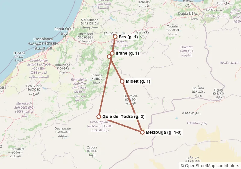 Mappa del percorso: Fes, Ifrane, Azrou, Midelt, Merzouga, Gole del Todra, Ifrane, Fes.