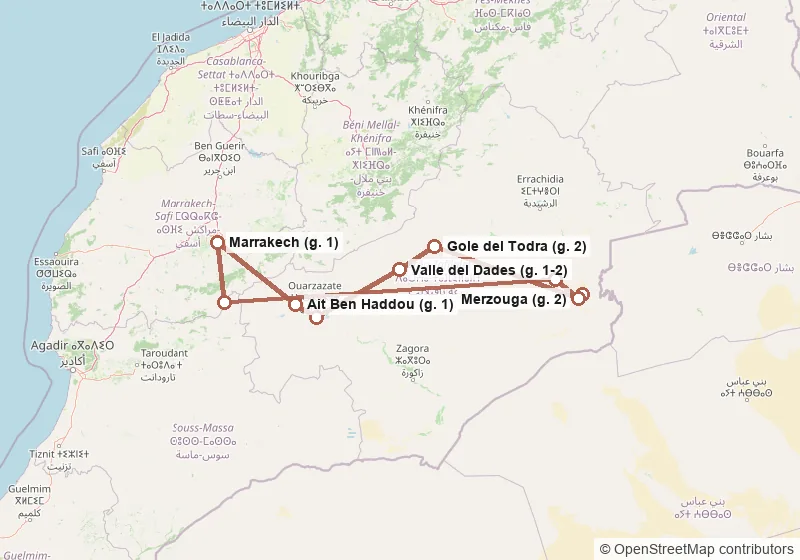 Mappa del percorso: Marrakech, Ait Ben Haddou, Ouarzazate, Valle del Dades, Gole del Todra, Merzouga, campo nel deserto, Merzouga, Rissani, Alto Atlante, Marrakech.