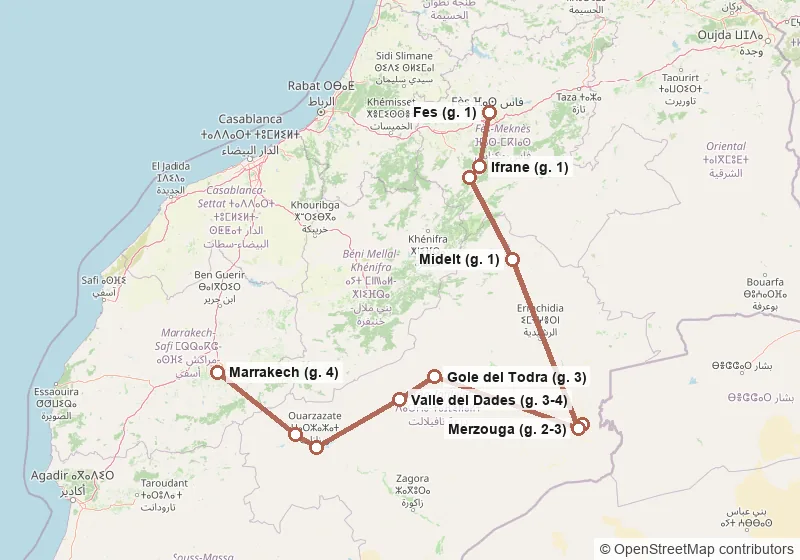 Mappa del percorso: Fes, Ifrane, Azrou, Midelt, Merzouga, Campo nel deserto, Merzouga, Gole del Todra, Valle del Dades, Ouarzazate, Ait Ben Haddou, Marrakech.