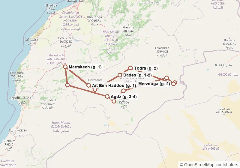Mappa del percorso: Marrakech, Ait Ben Haddou, Ouarzazate, Dades, Todra, Merzouga, campo nel deserto, Merzouga, Rissani, N'Kob, Valle del Draa, Agdz, Alto Atlante, Marrakech.