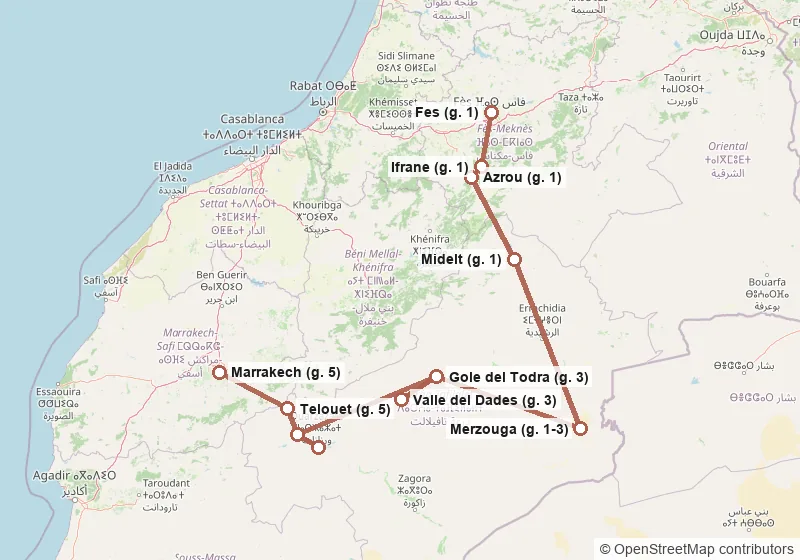 Mappa del percorso: Fes, Ifrane, Azrou, Midelt, Merzouga, Gole del Todra, Valle del Dades, Gole del Todra, Ait Ben Haddou, Ouarzazate, Ait Ben Haddou, Telouet, Marrakech.