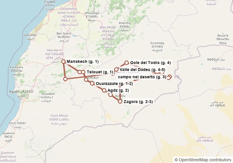 Mappa del percorso: Marrakech, Tizi n'Tichka, Telouet, Ait Ben Haddou, Ouarzazate, Agdz, Valle del Draa, Zagora, N'Kob, Rissani, Merzouga, campo nel deserto, Merzouga, Gole del Todra, Valle del Dades, Valle delle Rose, Alto Atlante, Marrakech.