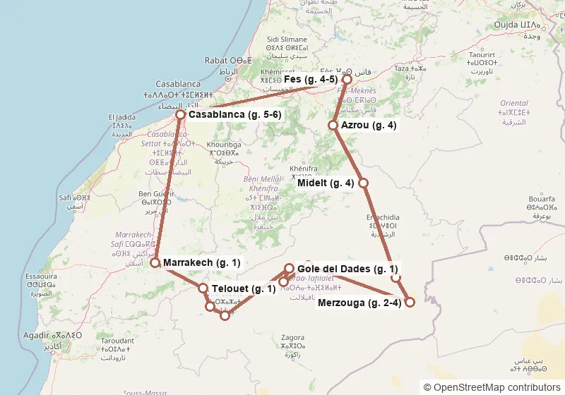 Mappa del percorso: Marrakech, Telouet, Ait Ben Haddou, Ouarzazate, Gole del Dades, Valle del Dades, Gole del Todra, Merzouga, Erfoud, Midelt, Azrou, Fes, Casablanca, Marrakech.