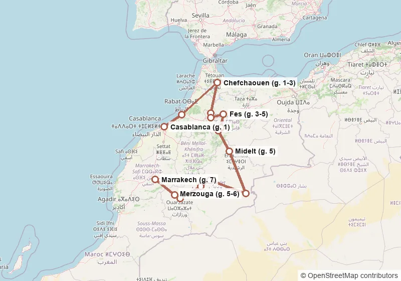 Mappa del percorso: Casablanca, Rabat, Chefchaouen, Volubilis, Meknes, Fes, Ifrane, Azrou, Midelt, Merzouga, Gole del Todra, Valle del Dades, Ouarzazate, Ait Ben Haddou, Marrakech.