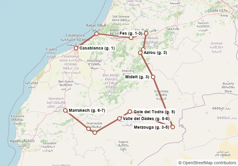 Mappa del percorso: Casablanca, Rabat, Meknes, Fes, Ifrane, Azrou, Midelt, Merzouga, Gole del Todra, Valle del Dades, Ouarzazate, Ait Ben Haddou, Marrakech.