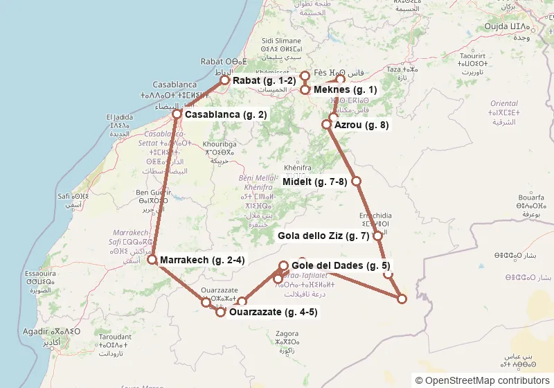 Mappa del percorso: Fes, Meknes, Volubilis, Rabat, Casablanca, Marrakech, Ait Ben Haddou, Ouarzazate, Skoura, Gole del Dades, Valle del Dades, Gole del Todra, Merzouga, Erfoud, Gola dello Ziz, Midelt, Azrou, Ifrane, Fes.