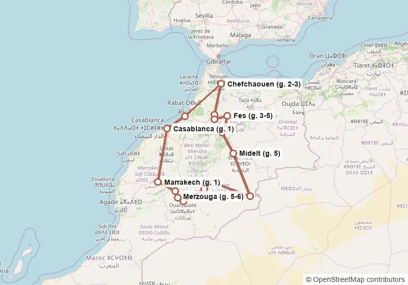 Mappa del percorso: Marrakech, Casablanca, Rabat, Chefchaouen, Volubilis, Meknes, Fes, Ifrane, Azrou, Midelt, Merzouga, Gole del Todra, Dades, Ouarzazate, Ait Ben Haddou, Telouet, Marrakech.