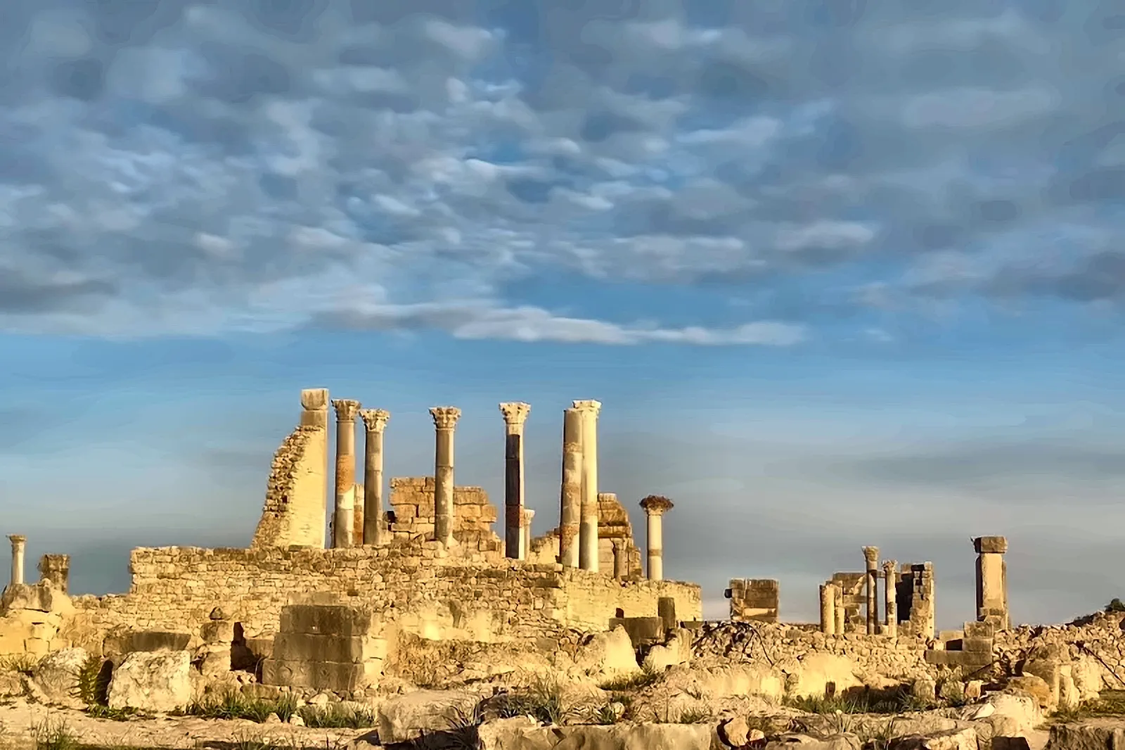 Le colonne del capitolium di Volubilis nella luce calda del tramonto
